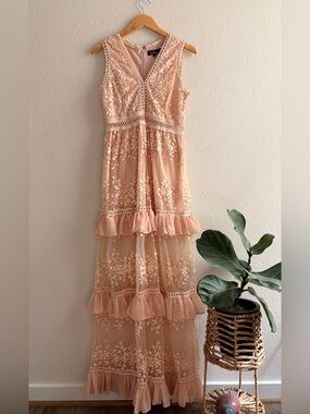 SOLD 
Lulus  Garden Dreams Blush Lace Tiered Maxi Dress Medium